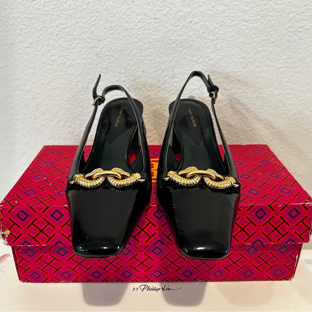 Tory Burch 55 mm Jessa Slingback Shoes Patent Leather, Size 7, New with Box - Picture 2 of 11